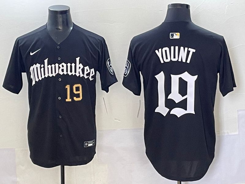 Men 2025 Milwaukee Brewers #19 Yount Black Five generations Joint Name Nike MLB Jersey style 4->milwaukee brewers->MLB Jersey